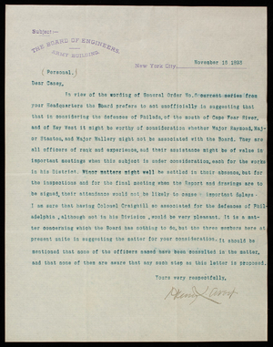 Henry L. Abbot to Thomas Lincoln Casey, November 16, 1893