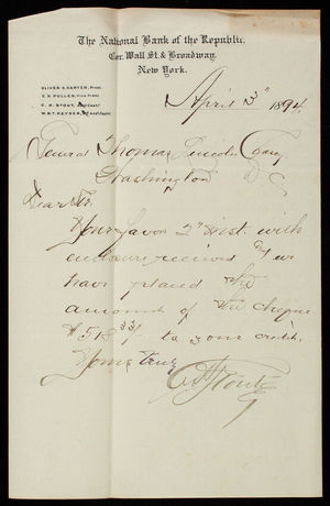 Charles H. Stout/National Bank of the Republic to Thomas Lincoln Casey, April 3, 1894