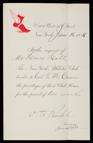 NY Athletic Club to Thomas Lincoln Casey, January 16, 1888