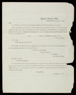 Adjutant Office to Thomas Lincoln Casey, September 11, 1861