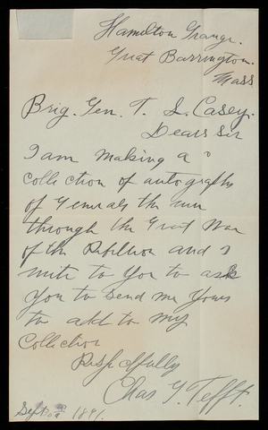[Charles] Tefft to Thomas Lincoln Casey, September 30, 1891