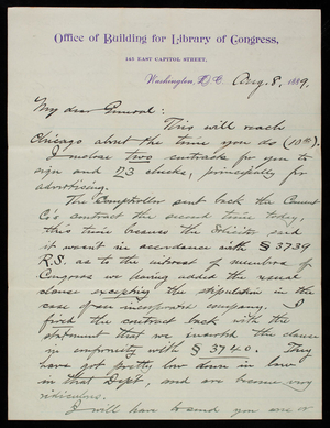 [Bernard] R. Green to Thomas Lincoln Casey, August 8, 1889