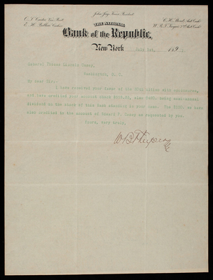 W. B. T. Keyser/National Bank of the Republic to Thomas Lincoln Casey, July 1, 1891