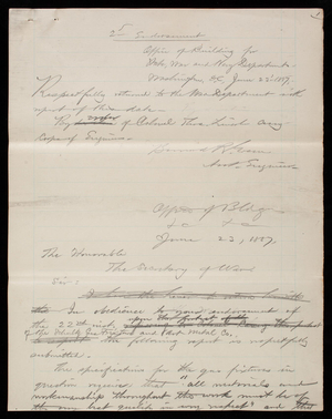 Bernard R. Green to Secretary of War, June 23, 1887, draft