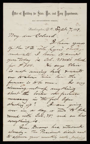 Bernard R. Green to Thomas Lincoln Casey, September 7, 1887