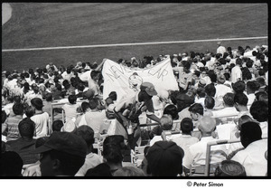 Mets at Shea Stadium: vendor and sign reading 'Never Fear' with a drawing of Mr. Met in the background