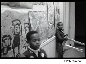 Two children with art projects: Liberation School, Boston, Mass.