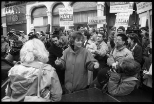 Lee Hart surrounded by press at a rally for her husband, Gary Hart, who was renewing his bid for the Democratic nomination for the presidency