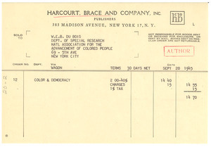 Invoice from Harcourt Brace & Company to W. E. B. Du Bois