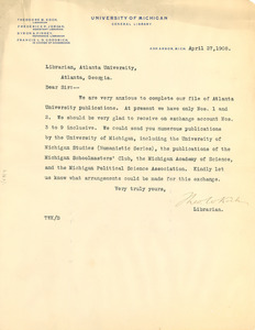 Letter from Theodore W. Koch to Librarian, Atlanta University