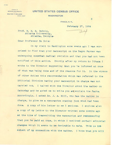 Letter from the United States Census Office to W. E. B. Du Bois