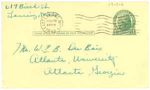 Postcard from Jennie Hansed to W. E. B. Du Bois