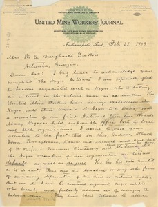 Letter from United Mine Workers Journal to W. E. B. Du Bois