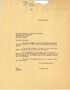 Letter from W. E. B. Du Bois to Canadian Peace Congress