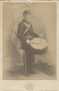 Unidentified man in military uniform with snare drum