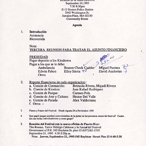 Agenda from Festival Puertorriqueño de Massachusetts, Inc. Board of Directors meeting on September 14, 1995