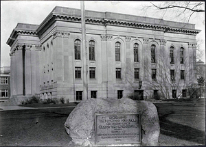 Public library, showing close-up of Revolutionary monument on lawn