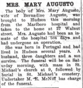 "Mrs. Mary Augusto" - Hudson News-Enterprise article