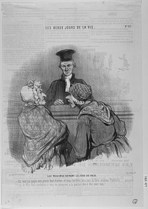 Les VOISINES DEVANT LE JUGE DE PAIX. - Eh ben! j'ai gagné mon procès tout d'même, et vous ne ferez plus tant la fière, madame Pimbèche.... puisque l'juge de Paix vous condamne à vous en retourner à la maison dos à dos avec moi!.......