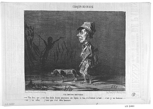 Une ÉMOTION NOCTURNE. - Mon dieu que j'suis donc fâché d'avoir poursuivi ces lapins si loin et d'rentrer si tard... c'est y un homme... c'est y un arbre... j'crois que c'est deux hommes.