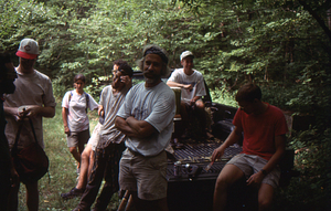 Weir Day 10 August 1993. After the weir on South Branch Birch Brook was excavated. David DeSimone on extreme left, Jay Thoman (in white baseball cap with red C), David Dethier (with headband in center), Jonathan Cluett (Williams Class of 1996, with white baseball cap and sitting in bed of pick-up truck).