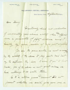 Letter to Amos Alonzo Stagg from Yale University dated September 21, 1891