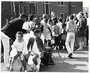 Mayor John F. Collins with large group of children outdoors