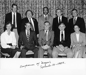 Mayor Raymond L. Flynn seated with nine other mayors at the 1985 Conference of Mayors in Anchorage, Alaska