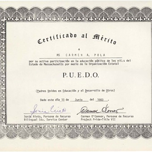 Certificate from Padres Unidos en Educación y el Desarrollo de Otros honoring Carmen A. Pola