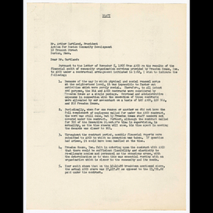 Draft of letter from Otto Snowden to Arthur Gartland about contract between Action for Boston Community Development (ACBD) and Freedom House, Inc.