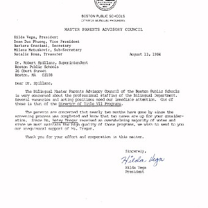 Letter from Hilda Vega to Robert Spillane regarding bilingual department staffing