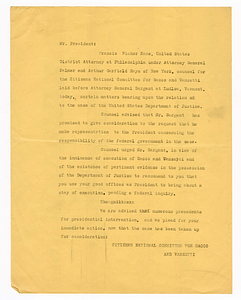 Appeal letter from Citizens National Committee for Sacco and Vanzetti to President Calvin Coolidge, circa August 1927