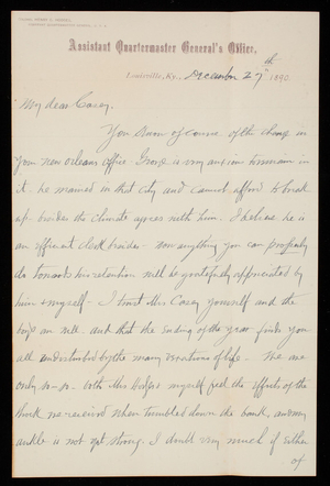 Henry Hodges to Thomas Lincoln Casey, December 29, 1890