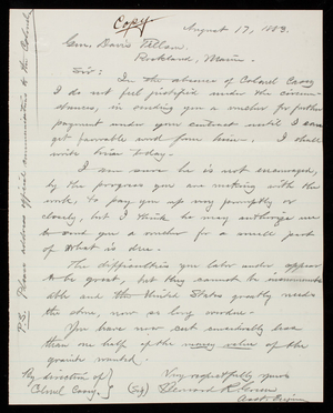 Bernard R. Green to Gen. Davis Tillson, August 17, 1883, copy