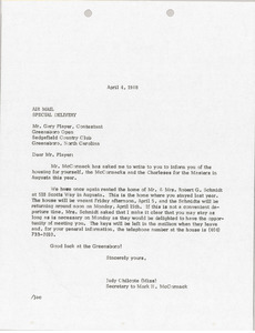 Letter from Judy Chilcote to Gary Player