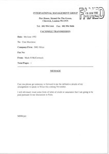 Fax from Mark H. McCormack to Cino Marchese