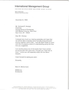 Letter from Mark H. McCormack to Srichand P. Hinduja