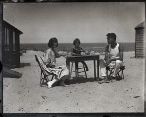 Playwright Eugene O'Neill, wife Agnes Boulton, and daughter Oona, at the beach on Cape Cod