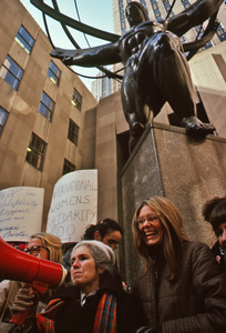 Grace Paley addressing a demonstration with Gloria Steinem