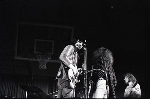 Jethro Tull in concert at the Springfield Civic Center: Jeffrey Hammond (bass) and Ian Anderson (back turned to camera)