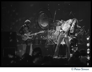 John Paul jones (bass), John Bonham (drums), Robert Plant (vocals), and Jimmy Page (guitar) in concert with Led Zeppelin at the Forum in Inglewood