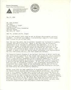 Letter from Judi Chamberlin to John Coleman and Lawrence J. Siegel