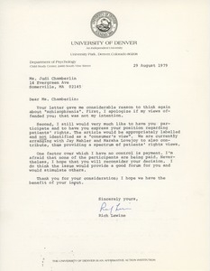 Letter from Richard R. J. Lewine to Judi Chamberlin