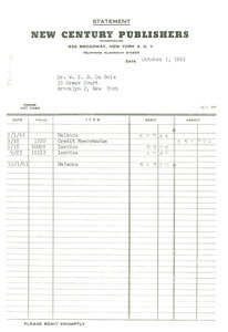 Invoice from Mainstream to W. E. B. Du Bois