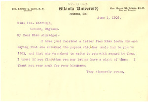Letter from W. E. B. Du Bois to Miss Ira Aldridge