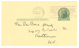 Postcard from M. W. Ovington to W. E. B. Du Bois