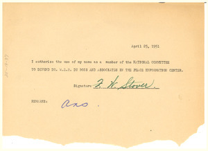 Form letter from F. W. Stover to National Committee to Defend Dr. W. E. B. Du Bois and Associates in the Peace Information Center