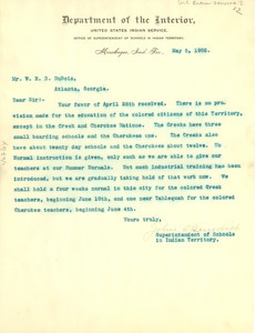 Letter from the United States Indian Service to W. E. B. Du Bois