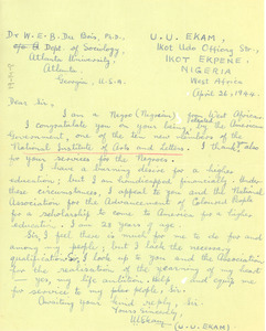 Letter from U. U. Ekam to W. E. B. Du Bois