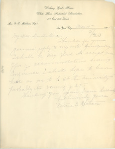 Letter from Victoria Earle Matthews to W. E. B. Du Bois